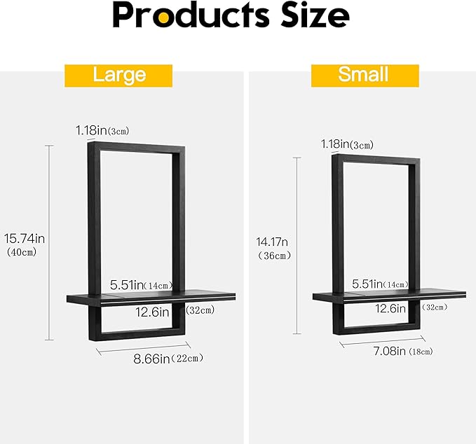 PHOENANCEE Square Floating Shelves,Wall Plants Holder,Bathroom Wall Decor,Framed Decorative Shelf Black,Modern Chic Set of 2 for Living Room Bedroom Home Office,Soild Wood,L+S