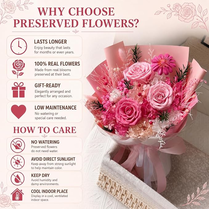 Preserved Pink Rose Bouquet, 100% Real Flowers for Women Mother Wife, Long-Lasting Eternal Roses with Gift Box, Forever Flowers for Anniversary Birthday Mother's Day, Lasts 3-5 Years