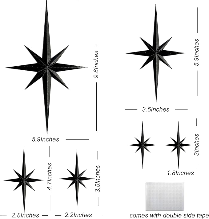Stylor Mid Century Modern Decor, Mcm Retro 3D Star Art Wall Sculpture, Plastic Starburst Decor, Vintage Celestial Whimsigoth Home Decor Accent. (Set of 6, Black)