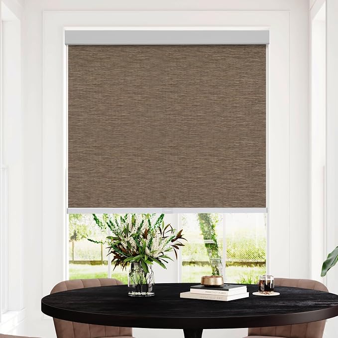 Persilux Free-Stop Cordless 100% Blackout Roller Shades for Windows, Natural Woven Fabric UV Protection Privacy Thermal Insulated Window Blinds for Indoor Windows, Home, Bedroom, Brown 34" W x 72" H