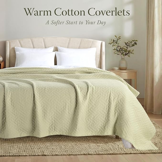 Threadmill Luxury Cotton Blankets for Queen Size Bed | All-Season 100% Cotton Queen Size Blanket | Criss Cross Cozy Lightweight, Soft Breathable Coverlet fits Full Size Bed, 90x92 | Sage Green