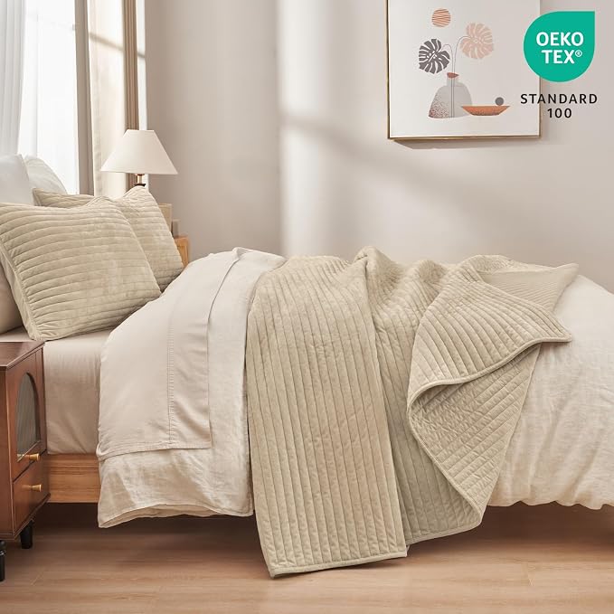 PHF Luxury Velvet Quilt Set Twin Size – 2PCS Ultra Soft Quilted Comforter Alternative with Striped Channel, Cozy Quilted Bedspread, 1 Coverlet with 1 Matching Sham, 68" x 92", Oxford Tan