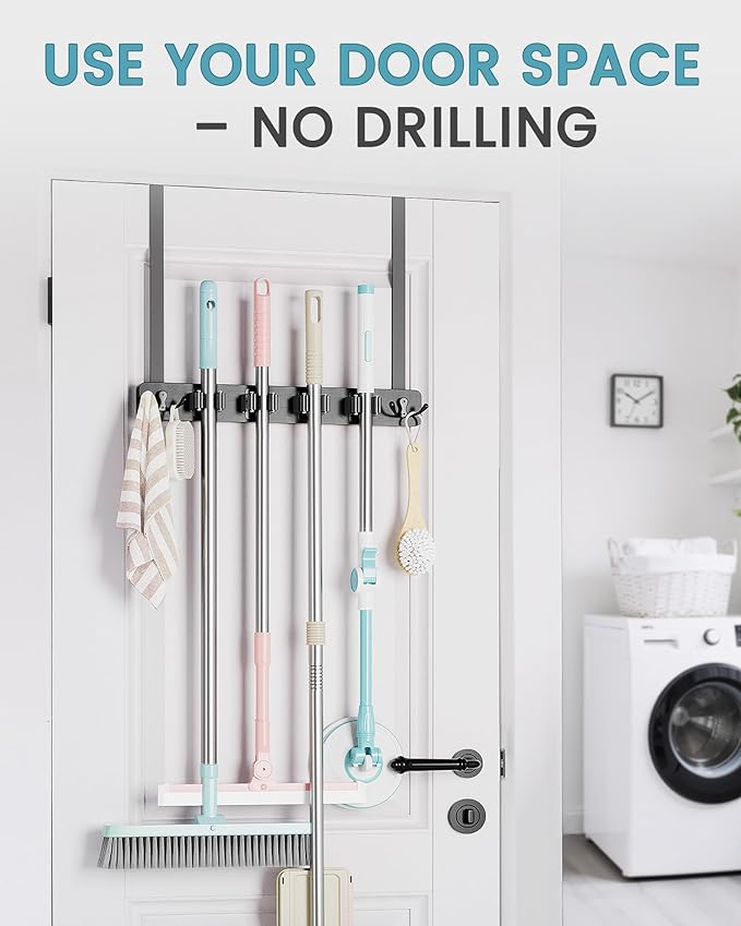 HULISEN Broom Holder Door Mount, Over the Door Broom and Mop Holder with 0.6" Thick Pads, Wood Mop Organizer Tool Hanger with 4 Racks & 2 Hooks for Laundry Cabinet Kitchen Garage, No Drills