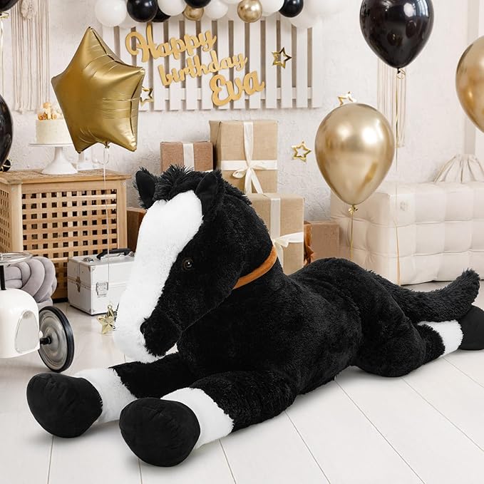 Tezituor 47inches Giant Black Horse Stuffed Animals, 4ft Realistic Large Stuffed Pony for Boys Girls, Soft Horse Plush Body Pillow Christmas Birthday Gift Decor for Kids Adult