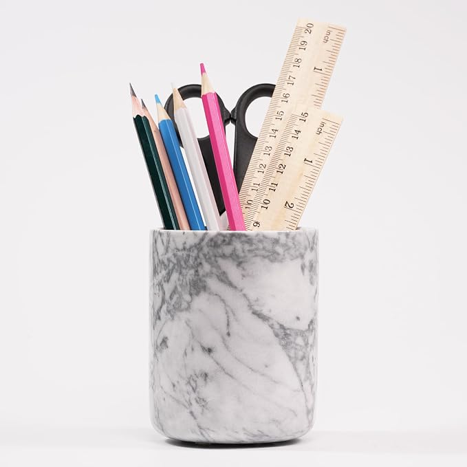 Marble Toothbrush Pen Holder - White Pencil Cup For Office Desk Aesthetic, Toothpaste Makeup Brush Organizer For Bathroom Sink Vanity Accessories, Utensil Container For Kitchen Countertop