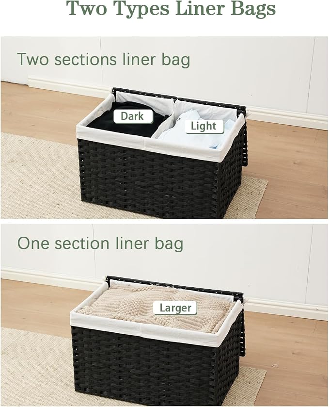 SETVSON Storage Basket with Lid Rattan Woven Storage Baskets with 2 Separate Lids, 17.2 Gallon (65 L), Wicker Storage Bins Foldable, 2 Removable Liner Bags Handles for Bedroom, Laundry Room Black