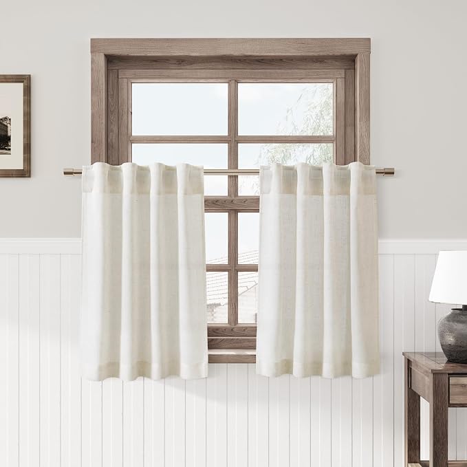 Kitchen Curtain Over Sink 2 Panels Back Tab Pinch Pleated Boho Farmhouse Linen Cafe Curtains 24 Inch Length Light Filtering Sheer Short Tier Drape Window for Small Window Basement 26Wx24L Cream