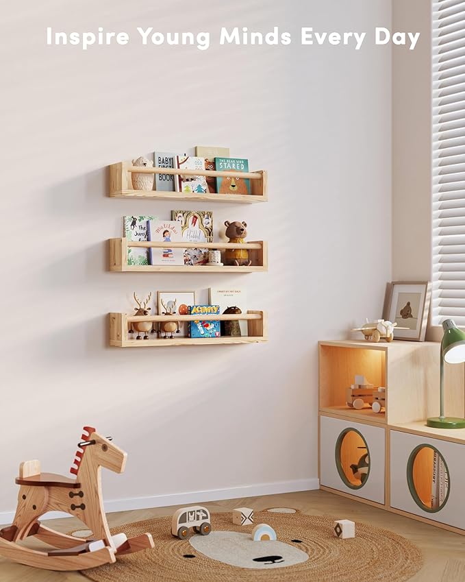 G&W Gruwald Nursery Book Shelves, Set of 3, Hanging Bookshelf, Wall Book Shelves for Bedroom Kids, Floating Shelf for Wall, Nursery Decor