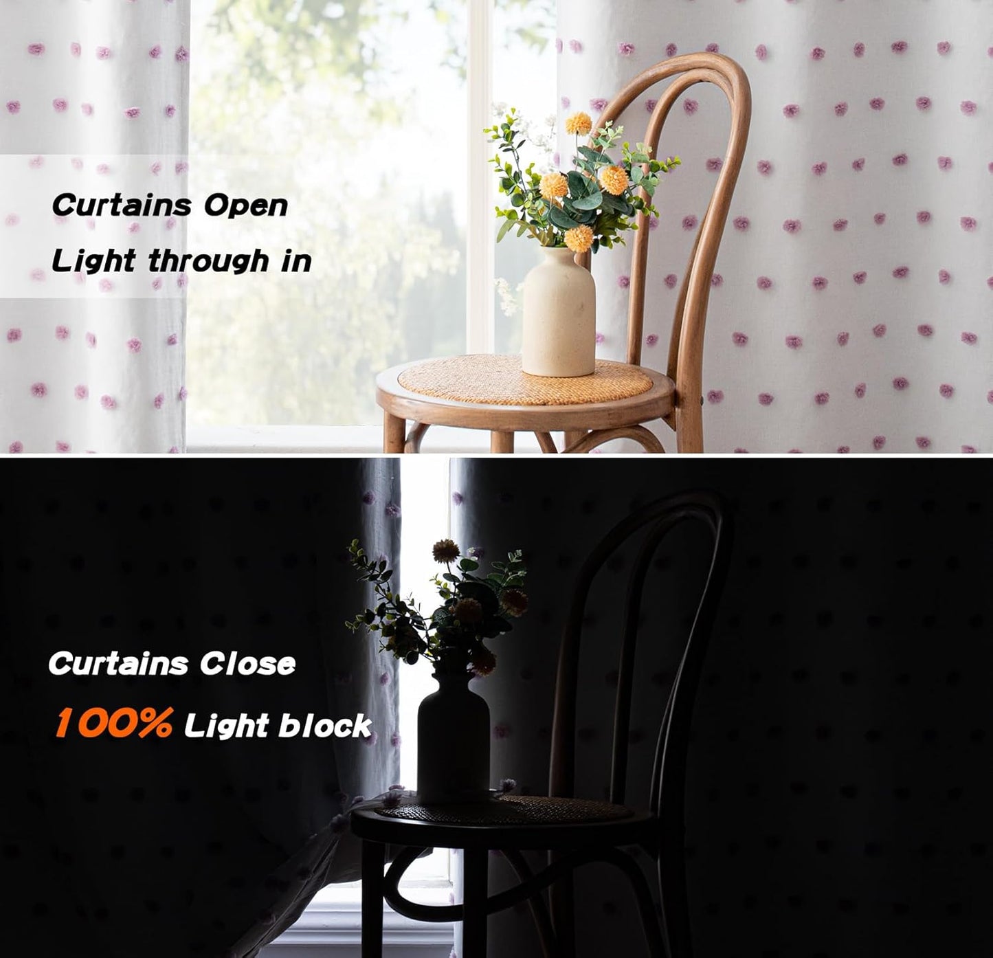 MYSKY HOME 100% Blackout Curtains for Girls Bedroom 84 Inches Long Total Light Blocking Curtains for Living Room 2 Panels Grommet Room Darkening Window Drapes with Purple Pom Pom Sheer 52W x 84L