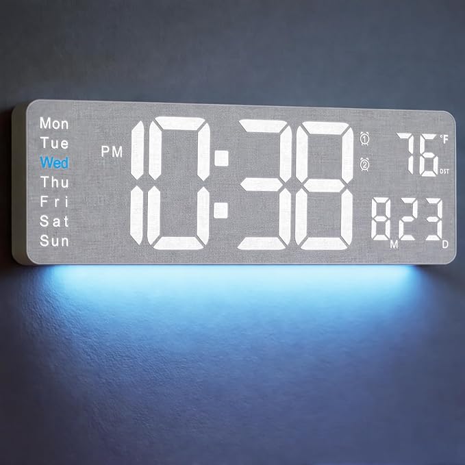 MASHI 2026 Upgrade Digital Wall Clock, 16" Large Display Digital Clock with Remote Control, Auto-Dimming Wall Clock with Night Light, DST, Date Week,Temp for Living Room, Gift for Elderly (Grey)