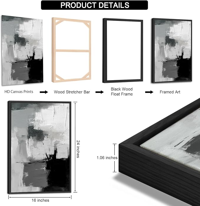 Large Framed Canvas Wall Art - Retro Grey Graffiti Pictures for Living Room Rustic Abstract Wall Decor Vintage Prints for Bedroom Dinning Room Black Float Framed 16" X 24" X 3 pcs