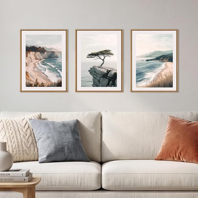 Amalfi Coastal Beach Framed Canvas Wall Art Set, Summer Ocean Wall Decor, Southwestern Beach Wall Painting, Ocean Seascape Art Prints for Living Room, Bedroom, Dining Room - 12"x16"x3