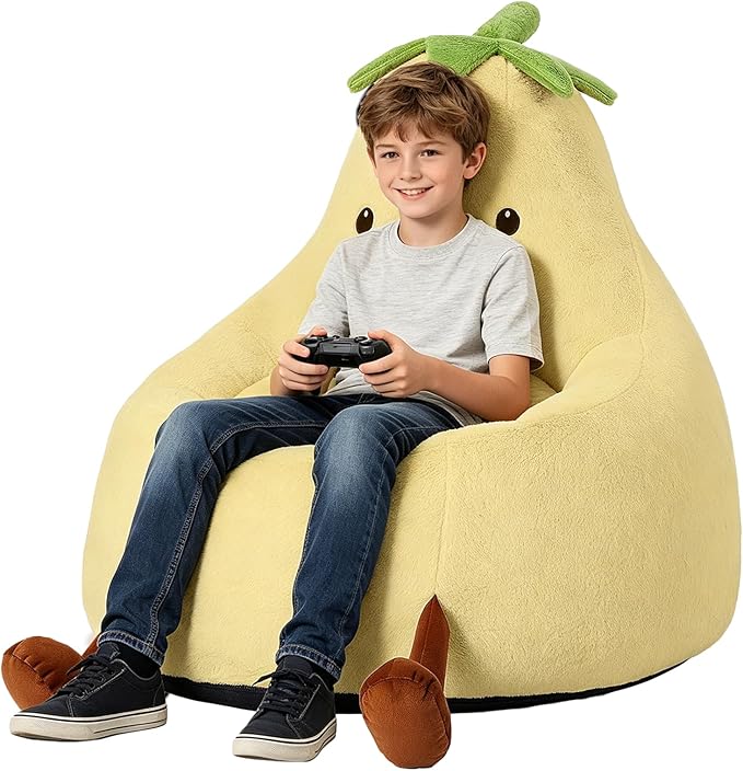 2.5FT Memory Foam Bean Bag Chair - Ultra Soft Faux Rabbit Fur Sofa with Handle & Machine Washable Cover, Comfy Lazy Chair for Kids Teens, Perfect for Reading Gaming in Living Room Bedroom，Yellow