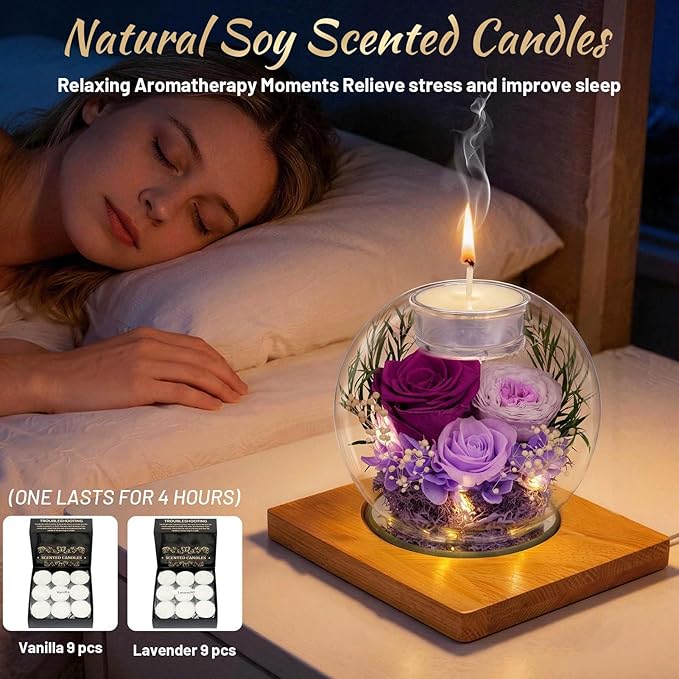 ENERLEAF Preserved Purple Real Rose in Glass with Scented Candles–Eternal Flower Romantic Anniversary Mothers Day Christmas Birthday Valentines Day, Women, Wife, Girlfriend, Mom, Grandma