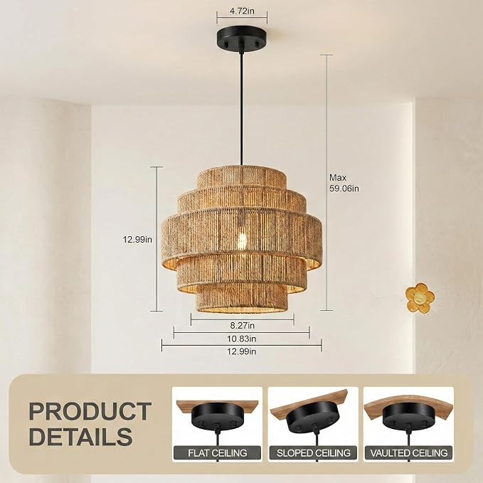 5-Tier Boho Rattan Chandelier Light Fixture, 13” Hand Woven Hemp Rope Pendant Light, Large Farmhouse Hanging Lamp for Dining Room, Kitchen Island, Bedroom, Living Room, Entryway, Foyer, Coastal Decor
