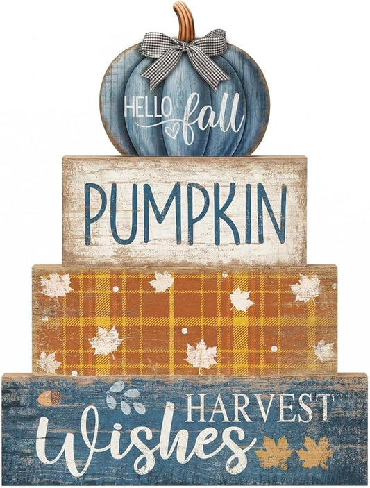 Lineshading 4 Pcs Fall Decoration for Home Wooden Blue Pumpkin Decor Thanksgiving Tiered Tray Decor Fall Centerpiece Rustic Decorative Block Signs Gift Farmhouse Autumn Table Decors for Home Kitchen