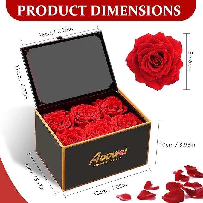 ADDWel Preserved Rose Gift Box with 4x6 Photo Frame, Romantic Flower Gifts for Women, Wife or Girlfriend, 6 Eternal Roses for Delivery on Christmas, Birthday, Anniversary, Valentine’s Day