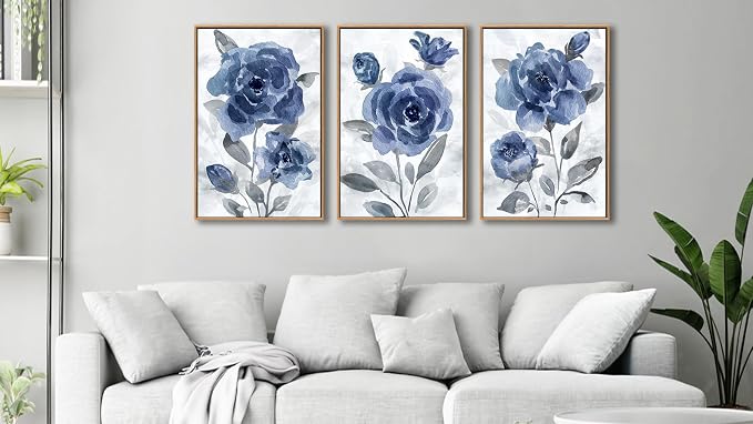 Large Framed Canvas Wall Art - Natural Float Framed Modern Indigo Flowers Pictures Decor Dark Blue Floral Grey Leaves Artwork for Bedroom Living Room Kitchen Home Office Decoration 72" X 36" Set of 3