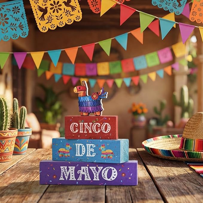 Smile Cinco De Mayo Wooden Block Stack with Piñata Llama Decor, Mexican Fiesta Tiered Tray Tabletop Sign for Cinco De Mayo Party Decorations