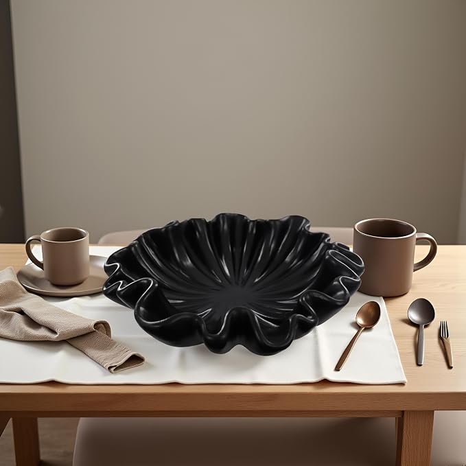 12" Large Decorative Bowl decor - Scalloped Decorative Bowls for Home Decor - Organic Fluted Modern Home Decor,Ruffle Decor key bowl,bowl for keys,Black