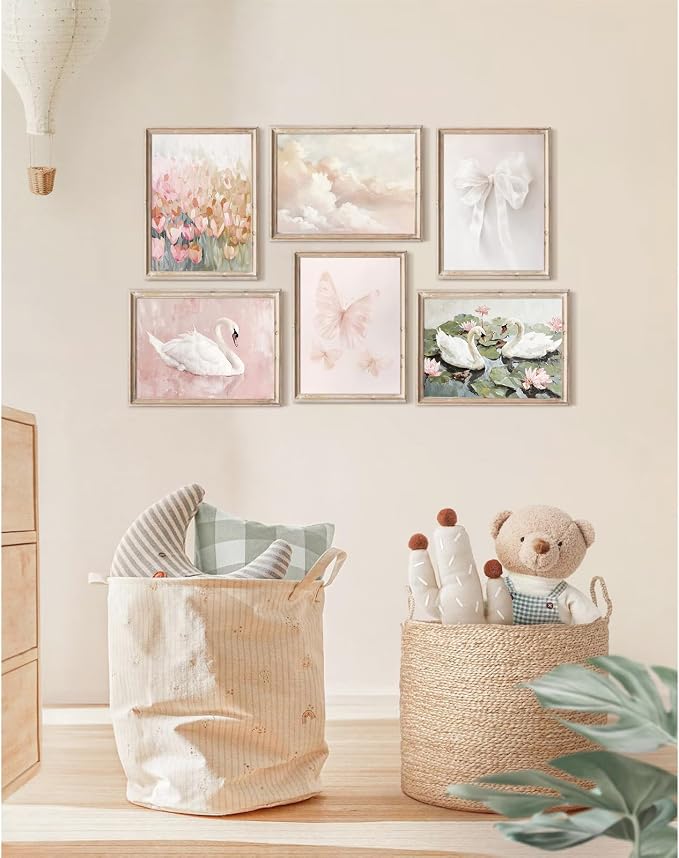 Tocliky Coquette Pink Wall Art Decor Swan Posters Bow Flower Canvas Wall Art Preppy Cute Pictures Trendy Butterfly Posters Coquette Aesthetic Prints for Girl Dorm Room Bedroom 8x10x6 Inch Unframed