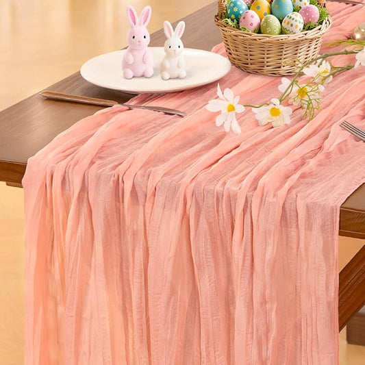 Socomi Coral Peach Easter Spring Cheesecloth Table Runner Boho Rustic Gauze 120 inch 10FT Cheese Cloth Runner for Wedding Party Baby Shower Birthday Home Decor Holiday Decorations