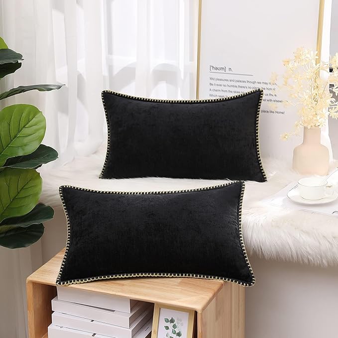 decorUhome Chenille Soft Cozy Throw Pillow Covers 12x20 Set of 2, Modern Farmhouse Boho Velvet Decorative Pillow Cases with Stitched Edge for Couch Sofa Bed Home Decor, Black