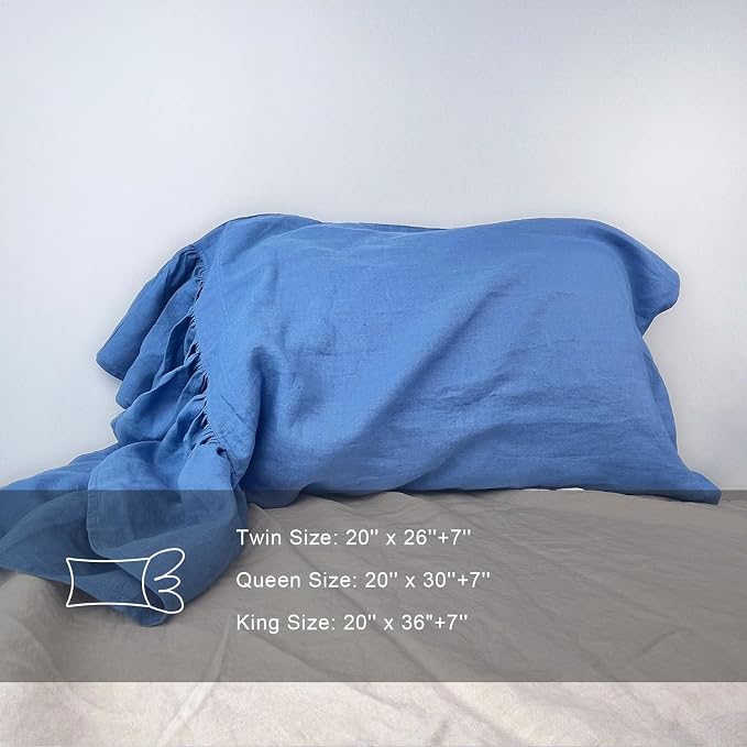 Navy Blue Ruffles Linen Pillowcase, 100% French Linen Pillow Cover, Queen Size 1 Piece Farmhouse Shabby Chic Pillow Case, 20''x30'' Pillowcase with Decorative Ruffle Envelope Closure