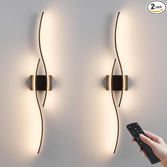 KARTOOSH Battery Operated Wall Sconces Set of Two with Remote Control, Dimmable/3 Color/Night-Light/Timer/Memory, Black Modern Wireless LED Sconce for Living Room, Hallway, Bedroom, 39.3 Inch (2 Pack)