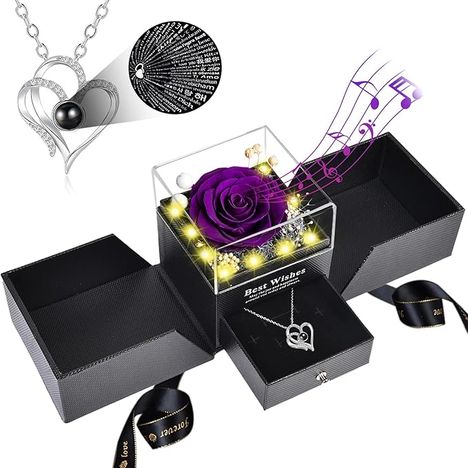 Pasuvsigt Valentines Day Rose Gifts for Her, Preserved Real Rose with I Love You Heart 100-Language Necklace, LED Lights & Music Box, Anniversary Birthday Valentines Gifts for Women Girlfriend Mom