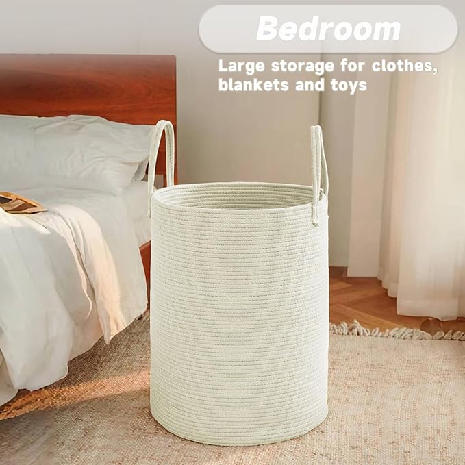 JMvicyroam Large Woven Laundry Basket Hamper,80L Cotton Rope Storage Bin for Blankets,Toys and Clothes,Decorative Tall Nursery Hamper for Living Room,Baby Nursery,Bathroom and Bedroom,White