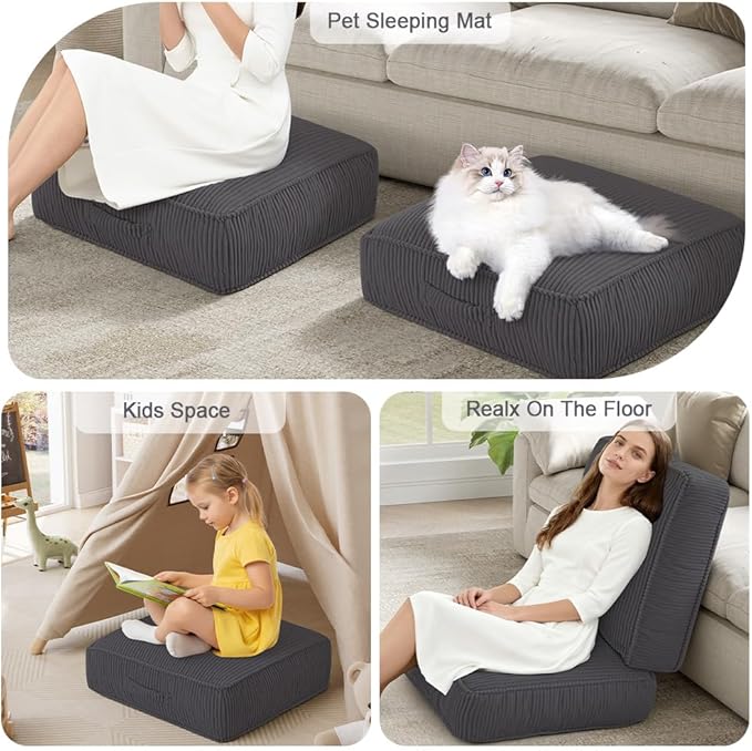 Meditation Floor Pillow for Adults, 8" Extra Thick Floor Cushion for Sitting with Washable Cover, Large Corduroy Meditation Pillow, 22 inches Tatami Seat with Handle for Yoga Pillow, Grey