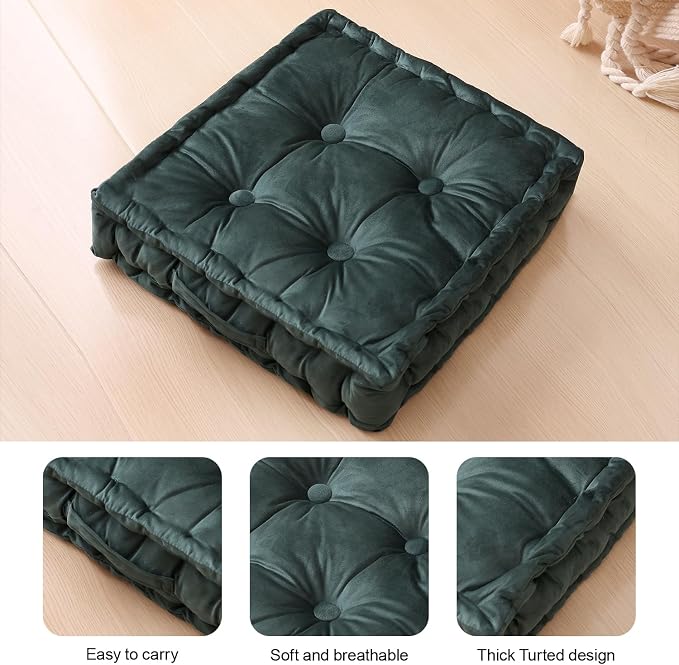 Square Floor Pillows, Large Floor Cushion for Adults Kids, Meditation Floor Pillow Seating Cushion with Shredded Memory Foam and Silk Wadding, 20"x20"x5" Dark Green
