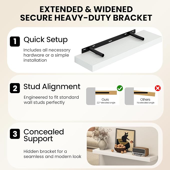 Fun Memories 72Inch Long Floating Shelves, 8 Inch Deep Shelves for Bedroom|Living Room, Wall Mounted Wood Hanging Shelf with Invisible Brackets for Fireplace Mantel Home Storage Decor, White - 2 Pack