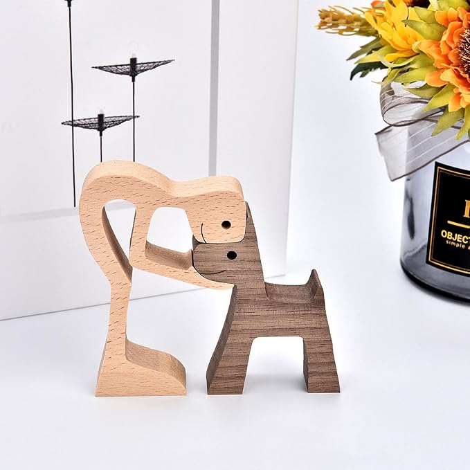 Custom Wooden Sculpture Name Engraved Human and Dog Statues