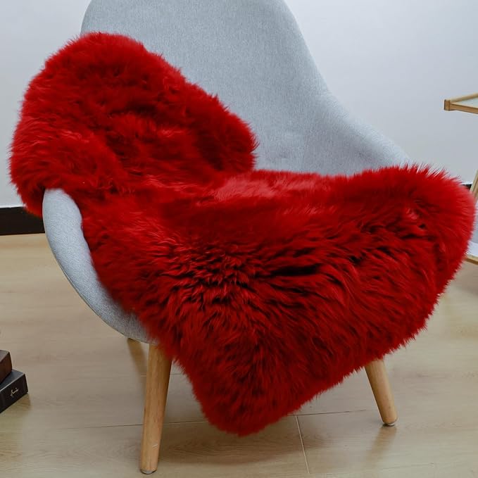 Red Genuine Sheepskin Rug, Fluffy Shaggy Fur Fuzzy Area Rug for Bedroom Living Room Soft Fur Wool Pray Pup Area Cushion Carpet, Chair Sofa Seat Cover, Single Pelt/2FT*3FT