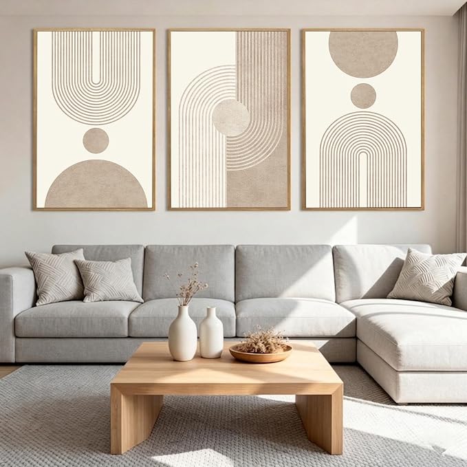 LAATOZ Neutral Abstract Wall Art Framed Modern Canvas Painting, Boho Prints Artwork for Living Room Bedroom Office Hallway Stairs 16x24 Inch 3 Panels