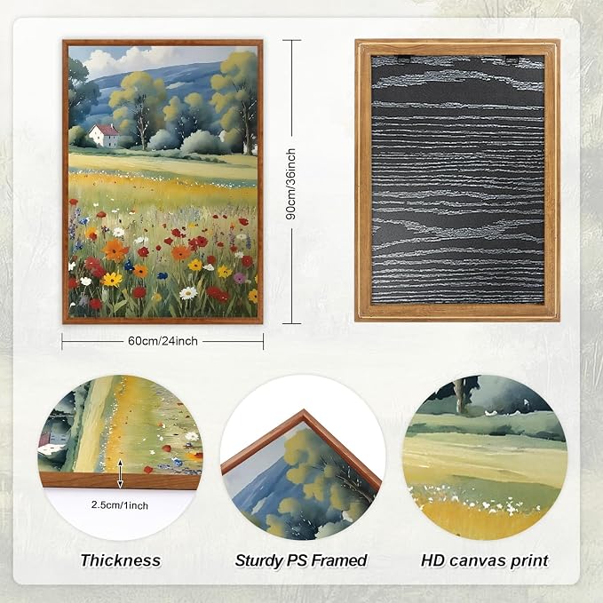 LHIUEM Vintage Wildflower Framed Canvas Wall Art,Boho Mountain Wall Decor,Rustic Floral Painting,Nature Field Landscape Artwork for Living Room,Bedroom,Dining Room,Farmhouse -24"x36"x3