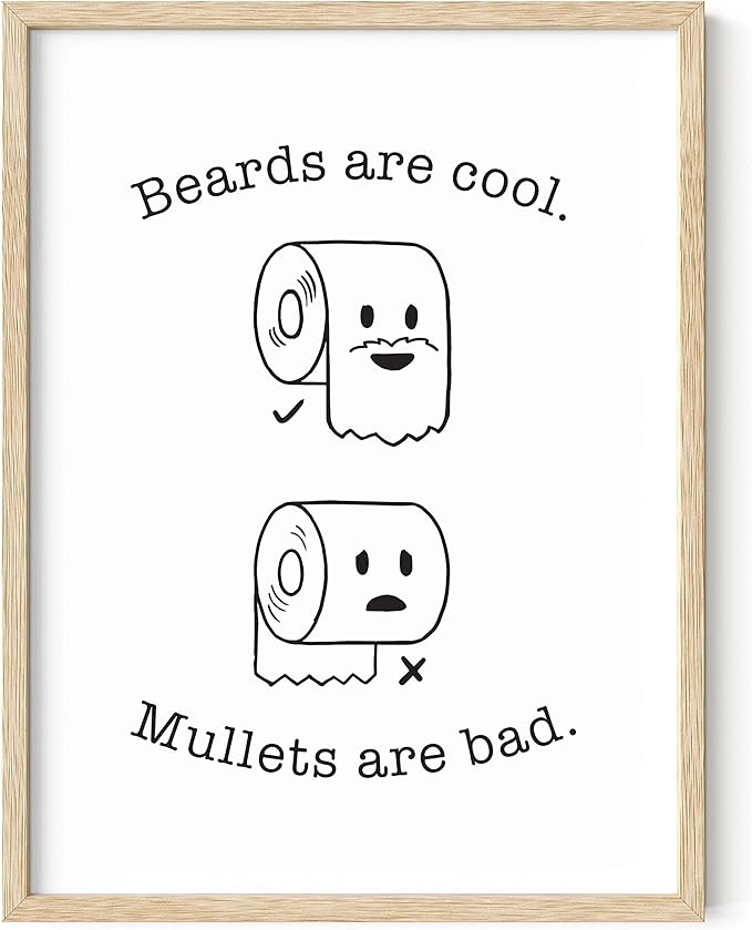 HAUS AND HUES Funny Bathroom Decor – Beard and Mullet Wall Art, Humorous Bathroom Sign, Fun Wall Print for Restroom or Home (12x16, Beige Frame)
