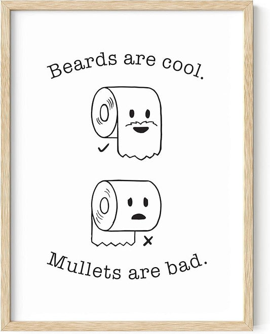 HAUS AND HUES Funny Bathroom Decor – Beard and Mullet Wall Art, Humorous Bathroom Sign, Fun Wall Print for Restroom or Home (12x16, Beige Frame)
