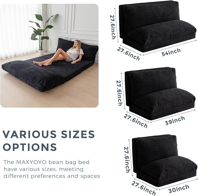 MAXYOYO Folding Sofa Bed, Extra Thick and Long Floor Sofa Convertible Chair with Washable Cover, Floor Couch Lounge Bean Bag Bed for Living Room, Black, 39x91 Inch