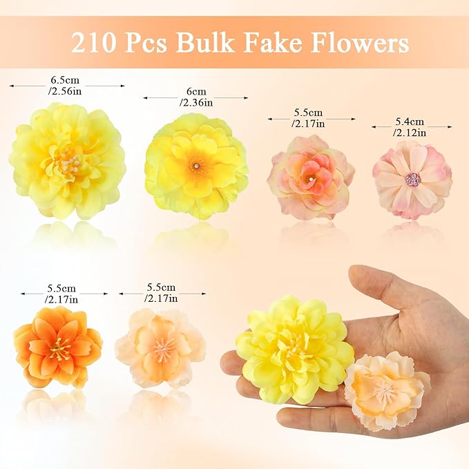 ATTGREAT 210 Pcs Mini Silk Flower Heads Small Fake Rose Daisy Faux Flowers Bulk for Crafts Artificial Loose Fabric Flowers Heads Sunflower Bulk for Wedding Hair Cap Dresses Decorations (Yellow)