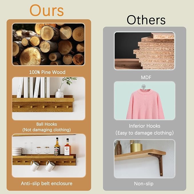 MBYD Solid Wood Light Walnut Floating Nursery Shelves for Living Room, 36 Inch Wall Shelf with Hooks & Wooden Pegs, Picture Ledge to Organize Kitchen Decor, Declutter Small Items & Hang Accessories