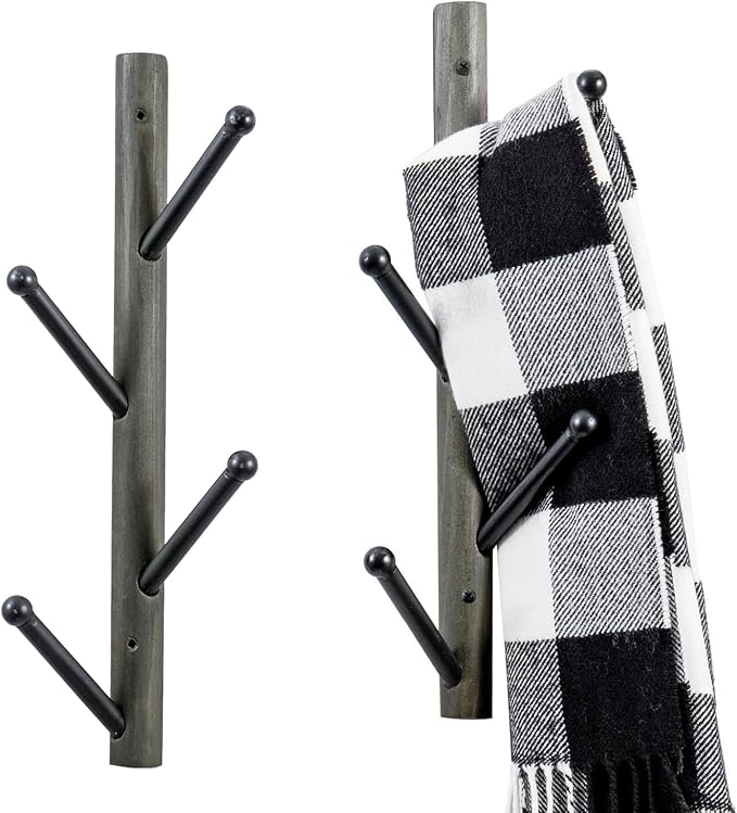 MyGift Wall Mounted Coat Rack Tree, Vintage Gray Weathered Solid Wood and Black Metal Hat Hanger with 4 Hooks, Vertical Entryway Hanging Garment Rack with Branch Style Hooks, Set of 2