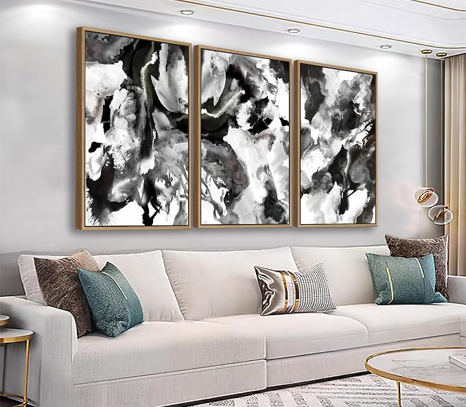 Large Abstract Wall Art for Living Room Natural Wood Float Framed Art Set of 3 Black and White Pictures Artwork Modernism Canvas Prints for Bedroom Kitchen Home Office Wall Decor 24"X36"X3