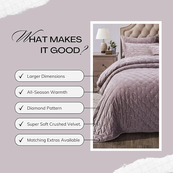 Tache Velvet Quilt Set Queen Size Luxurious Velveteen Velour Super Soft Plush Warm Cozy Diamond Tufted Polka Dot Quilted Coverlet Light Purple Mauve Bedspread Set, Queen
