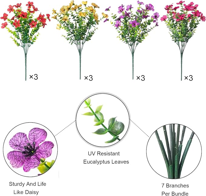 12 Pcs Artificial Flowers for Outdoors, Fake Outdoor Plastic Flowers for Outdoors UV Resistant, Fake Plants Artificial Plants Outdoor Plastic Plants, Silk Faux Spring Flowers for Outside