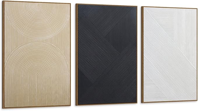 Large Boho Textured 3D Wall Art Neutral Set of 3-24"x36" Hand-Painted Abstract Framed Paintings for Living Room, Bedroom - Modern Minimalist Black White Neutral Boho Decor