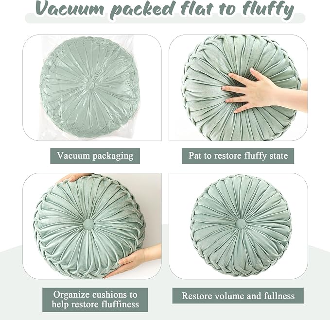 Drydiet 1 Pcs Round Throw Velvet Pillows Decorative Pleated Throw Pillows Diameter Accent Pumpkin Boho Chair Cushion for Couch Sofa Home Decoration (Sage Green,15'')