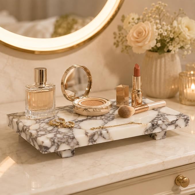 Marble Pedestal Tray for Perfume, Jewelry & Vanity Organizers | 9.84 in Calacatta Viola Stone Decorative Tray for Bathroom Counter Decor and Dresser Display